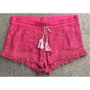 Surf Gypsy Hot Pink XL Crochet Fringe Tassel Tie Waist Festival Shorts